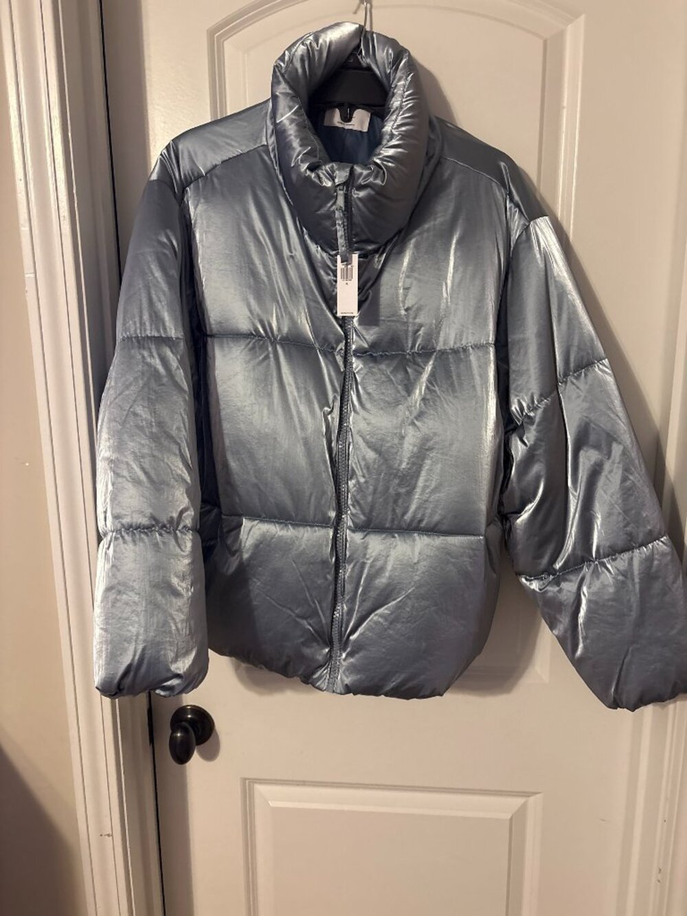 Old Navy Metallic Blue Puffer Jacket XL NWT Cropped Oversized Shiny